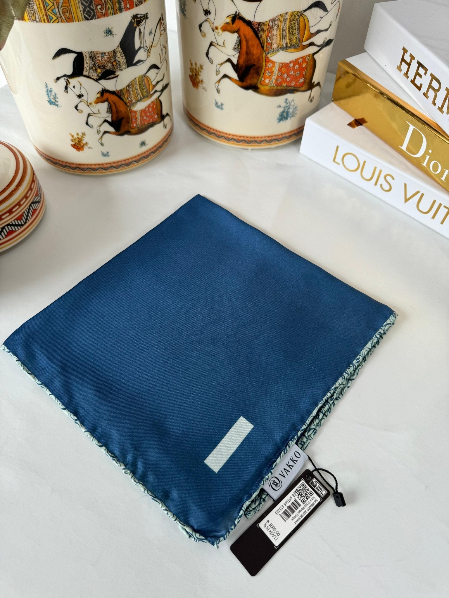 Vakko Çift Taraflı 12 mm %100 İpek Eşarp 10044 - Lacivert / Gümüş - Organic ScarfsOrganic Scarfs