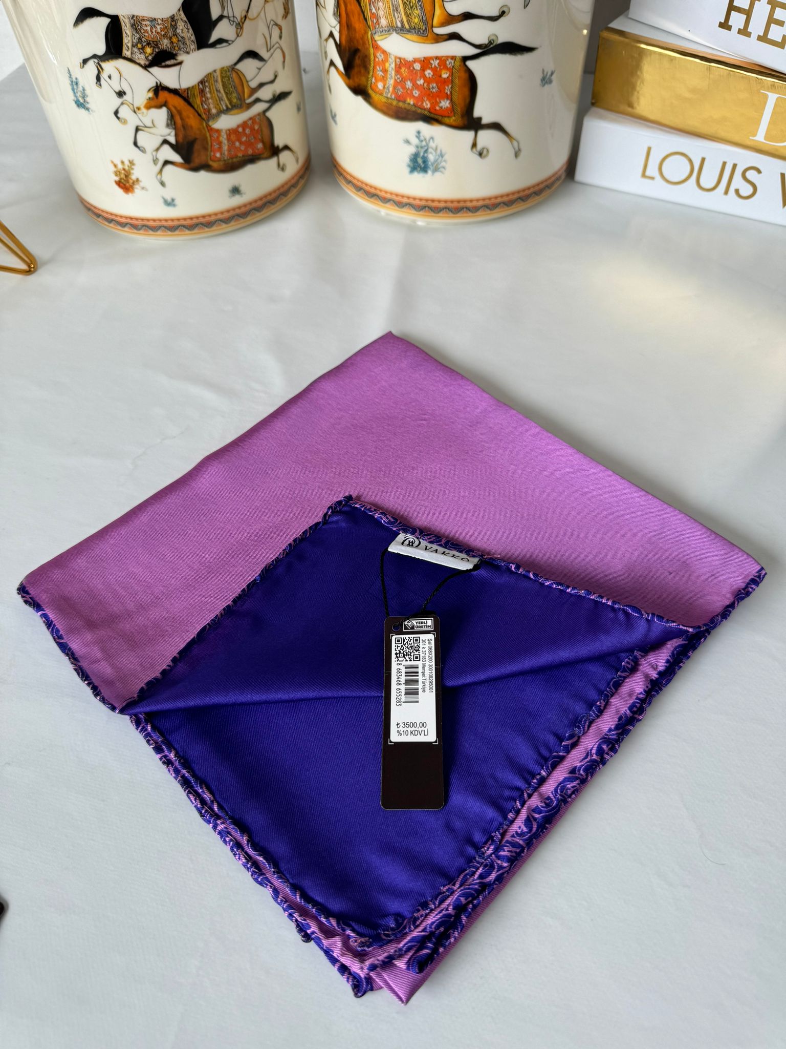 Vakko Çift Taraflı 12 mm %100 İpek Eşarp 10044 - Mürdüm /Saks - Organic ScarfsOrganic Scarfs