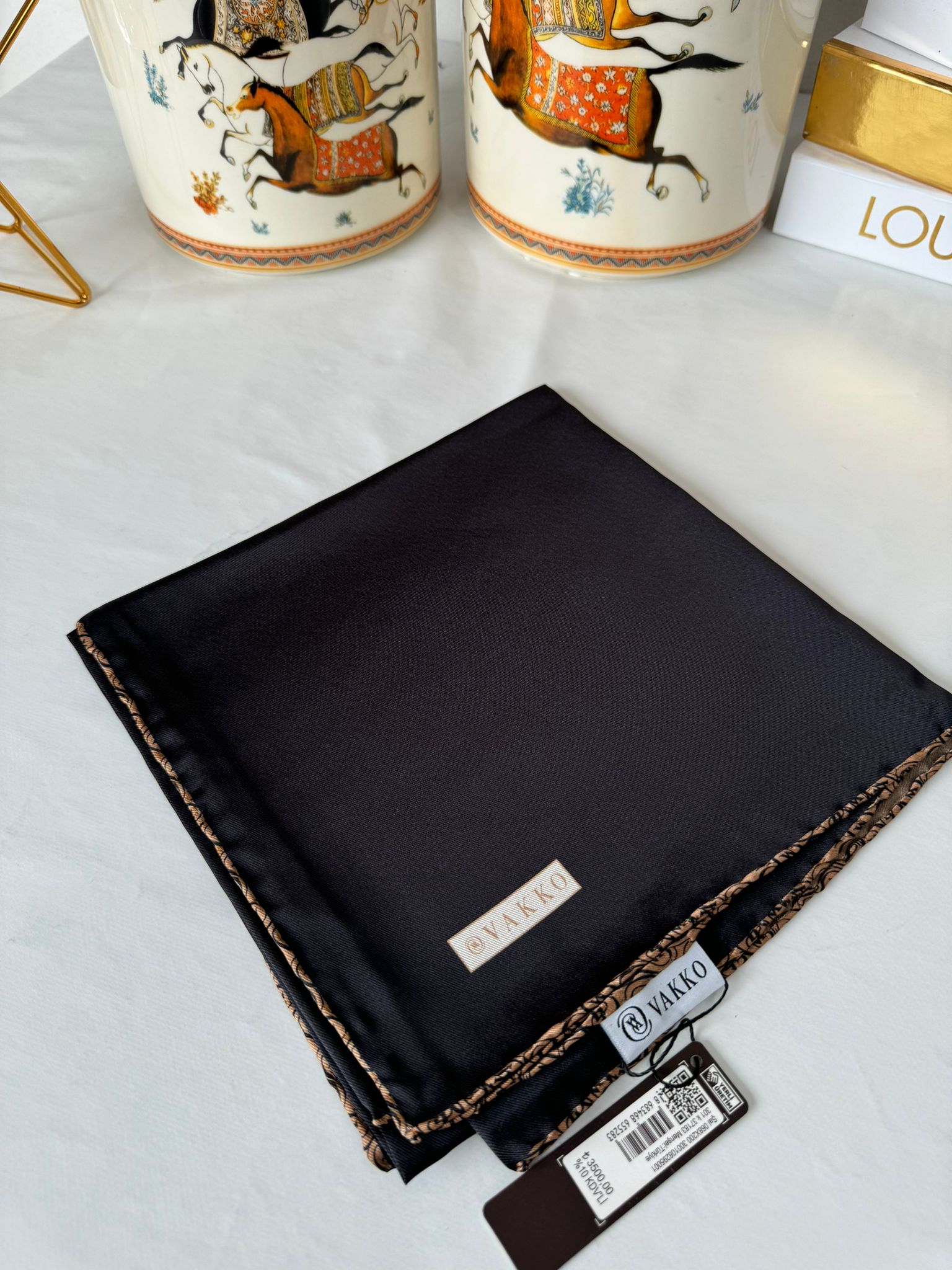 Vakko Çift Taraflı 12 mm %100 İpek Eşarp 10044 - Siyah/ Sütlü Kahve - Organic ScarfsOrganic Scarfs