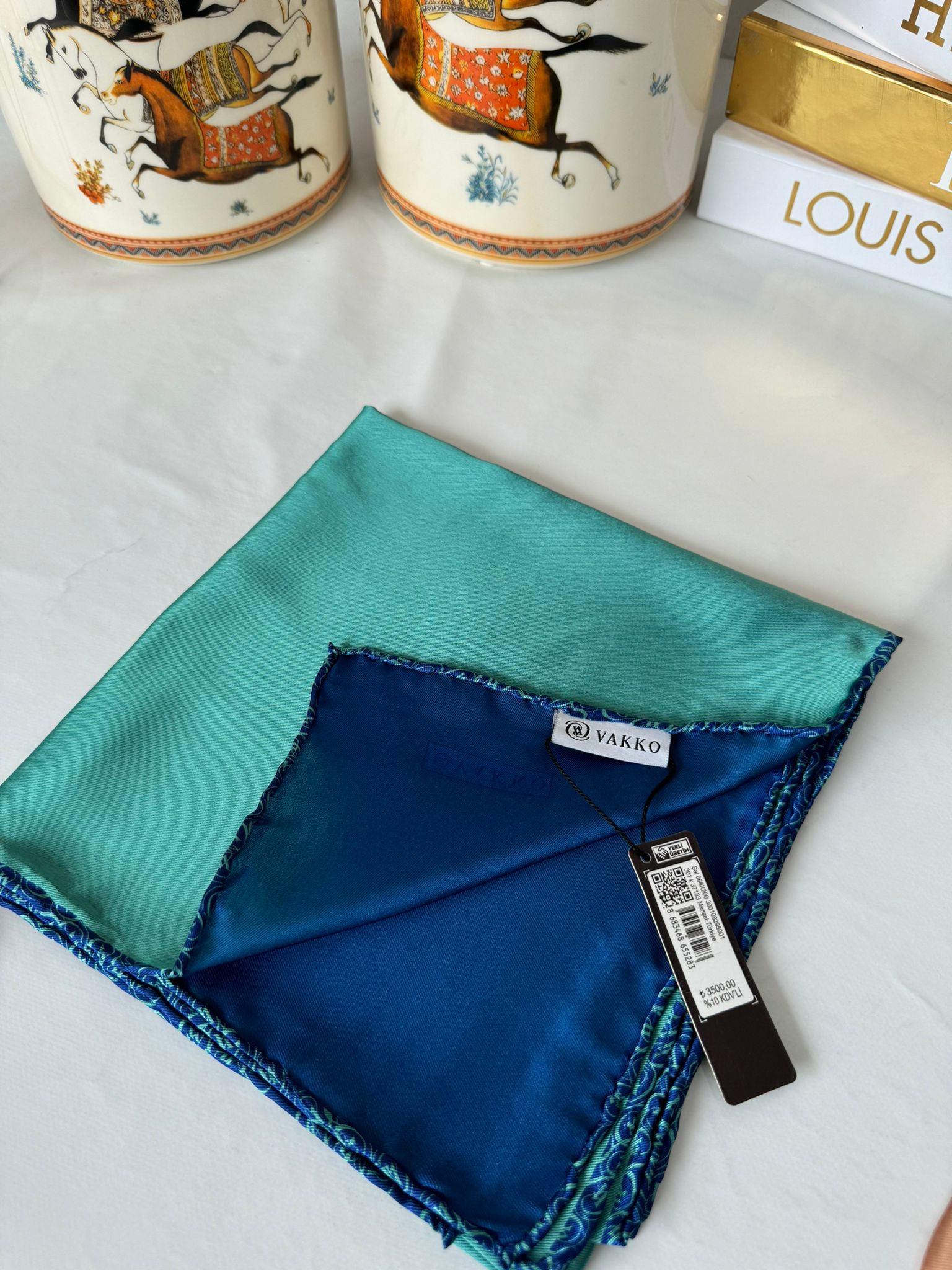Vakko Çift Taraflı 12 mm %100 İpek Eşarp 10044 - Su Yeşili/ Lacivert - Organic ScarfsOrganic Scarfs